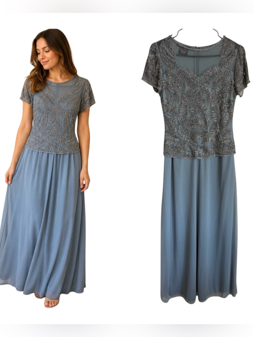 Pisarro Nights Beaded Embellished‎ Formal Evening Gown Maxi Dress Blue Gray